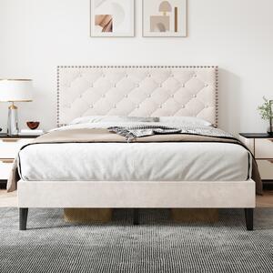 Upholstered Velvet Bedstead with Button-Tufted Headboard, Noise-Free Design, Wood Double Bed for Bedroom, 193L x 141W x 110H cm, Beige Aosom.UK