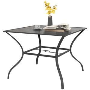 Outsunny Outdoor Dining Table 94x94cm with Parasol Hole, Four-Seater Garden Table with Slatted Metal Plate Top, Dark Grey