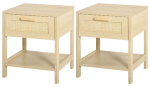 HOMCOM Nightstand with Rattan Drawer and Storage Shelf, Bedside End Table for Bedroom, Living Room, Set of 2