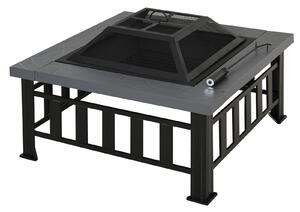Outsunny Metal Large Firepit Outdoor Square Fire Pit Brazier w/ Rain Cover, Lid, Log Grate for Backyard, Camping, BBQ, Bonfire, 86 x 86 x 54cm, Black