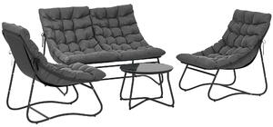 Outsunny 4 Seater Garden Furniture Set, Conversation Set with Loveseat Sofa, Chairs, Glass Coffee Table, Thick Cushions, Steel Outdoor Sofa for Balcony, Poolside, Conservatory, Grey