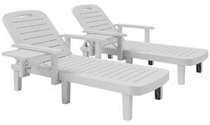 Outsunny Set of 2 Resin Reclining Sun Loungers for Garden, 5 Positions Adjustable Outdoor Chaise Lounge Chairs with Wood Texture Surface, Armrests, Foldable Side Table for Garden, Beach, White