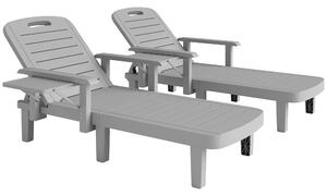 Outsunny Set of 2 Resin Reclining Sun Loungers for Garden, 5 Positions Adjustable Outdoor Chaise Lounge Chairs with Wood Texture Surface, Armrests, Foldable Side Table for Garden, Beach, Light Grey