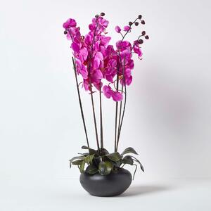 Lifelike Cerise Pink Artificial Orchid in Ceramic Black Bowl