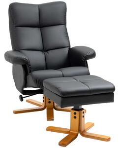 HOMCOM Faux Leather Swivel Recliner Chair with Footstool, Wooden Base and Storage for Living Room, Black