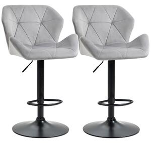 HOMCOM Set Of 2 Bar stools With Backs , Velvet-Touch Barstools w/ Metal Frame Footrest Triangle Indenting Moulded Seat Adjustable Height Swivel Grey