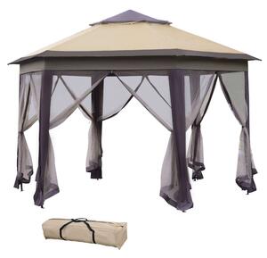 Outsunny Hexagonal Pop Up Gazebo, Outdoor Double Roof Instant Shelter with Netting, 4m x 4m, Beige