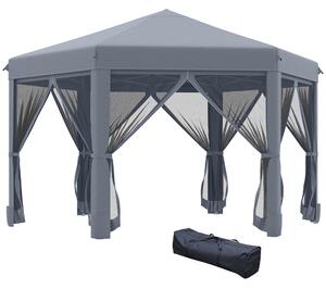 Outsunny Pop Up Gazebo, 3.2m Hexagonal Canopy Tent with Mesh Sidewalls, Grey