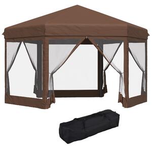 Outsunny 3x3.5m Hexagonal Pop Up Gazebo Party Canopy Height Adjustable Tent Sun Shelter w/ Mosquito Netting Zipped Door, Brown