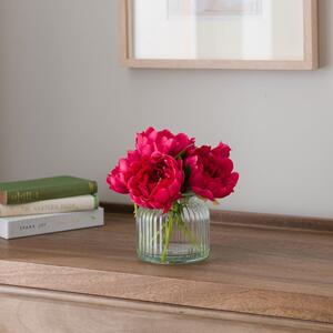 Artificial Pink Peony in Ribbed Glass Vase