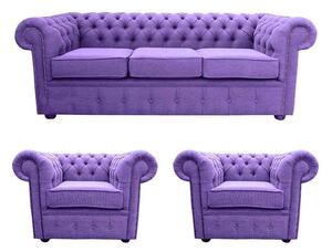 Chesterfield Handmade 3 Seater + 2 x Club chairs Verity Purple Fabric Sofa Suite