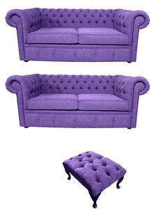 Chesterfield Original 2 Seater + 2 Seater + Footstool Verity Purple Fabric Sofa Suite