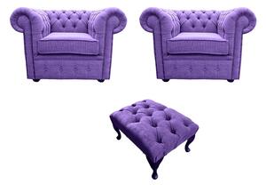 Chesterfield Handmade 2 x Club chairs + Footstool Verity Purple Fabric Sofa Suite