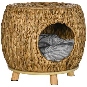 PawHut Wicker Cat Cave, Rattan House Stool with Soft Cushion, Washable, for Outdoor & Indoor, 44 x 43 x 41cm