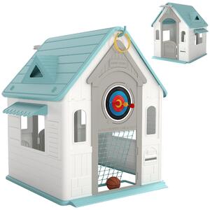 AIYAPLAY 5-in-1 Playhouse for Kids Outdoor Indoor with Basketball Hoop, Football Goal, Dartboard, Ring Toss for 2-5 Years, Beige