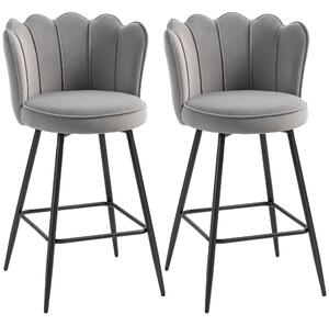 HOMCOM Set of Two Velvet-Feel Lotus Bar Stools - Grey
