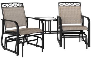 Outsunny Double Outdoor Glider Chair, 2 Seater Patio Rocking Chairs, Swing Bench w/ Tempered Glass Table, Mesh Fabric for Backyard, Garden, Brown