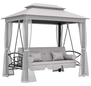 Outsunny 2-in-1 Convertible Swing Chair Bed 3 Seater Hammock Gazebo Patio Bench Cushioned Seat Mesh Curtains - Grey Aosom UK