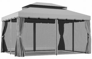Outsunny 3 x 4m Retractable Roof Gazebo, Metal Garden Pergola with Canopy Shelter, Nets and Curtains for Garden and Deck, Light Grey Aosom UK