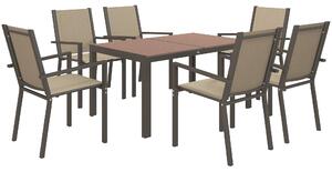 Outsunny 7 Pieces Garden Dining Set with Wood-plastic Composite Dining Table, Outdoor Table and 6 Stackable Armchairs with Texteline Seat