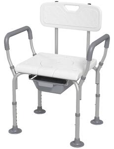 HOMCOM Height Adjustable Shower Stool with Arms and Back, Non-Slip Bedside Commode with Detachable Bucket for Elderly, White