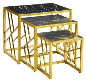 Ovid Gloss Black Marble Effect Nest Of 3 Tables With Gold Frame