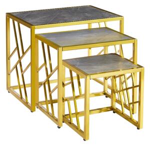 Ovid Gloss Grey Marble Effect Nest Of 3 Tables With Gold Frame