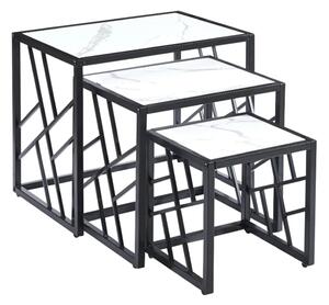 Ovid Gloss White Marble Effect Nest Of 3 Tables With Black Frame