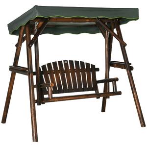 Outsunny 2-Person Garden Swing Chair, Outdoor Hanging Wooden Porch Bench w/ Adjustable Canopy and Side Trays for Patio, Poolside, Backyard