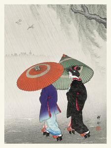 Fine Art Print Geisha in the Rain / Wearing Traditional Kimono (Japandi Vintage) - Ohara Koson, (30 x 40 cm)