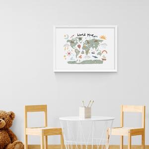 World Map in Green Print White/Green