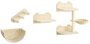 PawHut Wall-mounted Cat Shelves Set, Climbing Activity Centre with Hammock, Scratching Post & Jumping Platform for Kittens, Beige Aosom UK