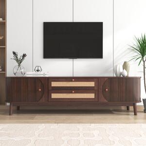 Natural Walnut Modern TV Stand with Rattan Drawers and Solid Wood Legs, Solid Wood Doors and Storage Solution, 170x39.5x46 cm, Natural Aosom.UK