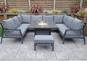 Bessie Glass Top U Shaped Garden Seating Set With Fire Pit In Grey
