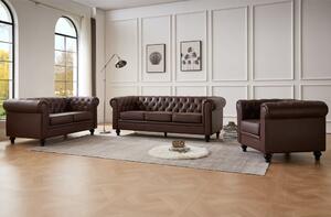 Hertford Chesterfield Faux Leather 3+2+1 Seater Sofa Set In Dark Brown
