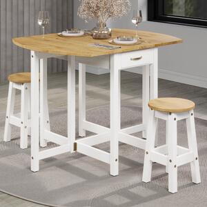Consett Wooden Drop Leaf Bar Table With 2 Stools In White Oak
