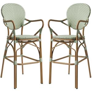 Edinburg Pastel Green Rattan Bar Stools With Wooden Frame In Pair