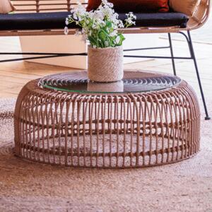 Ponoka Glass Top Outdoor Coffee Table With Rattan Base In Natural