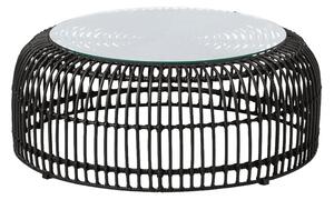 Ponoka Glass Top Outdoor Coffee Table With Rattan Base In Black