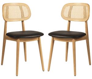 Romney Natural Rattan Side Chairs With Black Leather Seat In Pair
