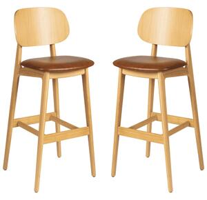 Romney Natural Wooden Bar Stools With Tan Leather Seat In Pair