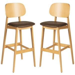 Romney Natural Wooden Bar Stools With Brown Leather Seat In Pair