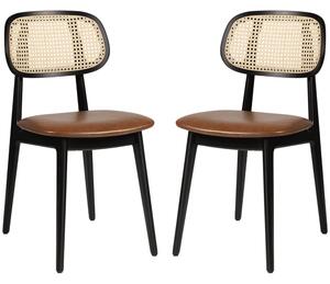 Romney Black Rattan Side Chairs With Tan Leather Seat In Pair