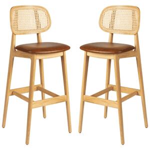 Romney Natural Rattan Bar Stools With Tan Leather Seat In Pair