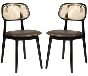 Romney Black Rattan Side Chairs With Brown Leather Seat In Pair