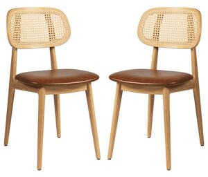 Romney Natural Rattan Side Chairs With Tan Leather Seat In Pair