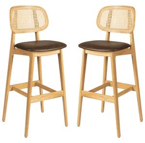 Romney Natural Rattan Bar Stools With Brown Leather Seat In Pair