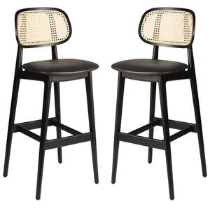 Romney Black Rattan Bar Stools With Leather Seat In Pair