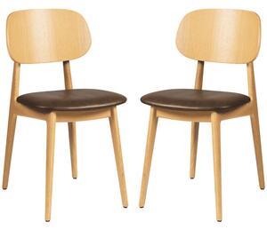 Romney Natural Wooden Side Chairs With Brown Leather Seat In Pair