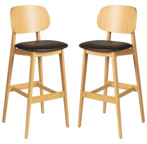 Romney Natural Wooden Bar Stools With Black Leather Seat In Pair